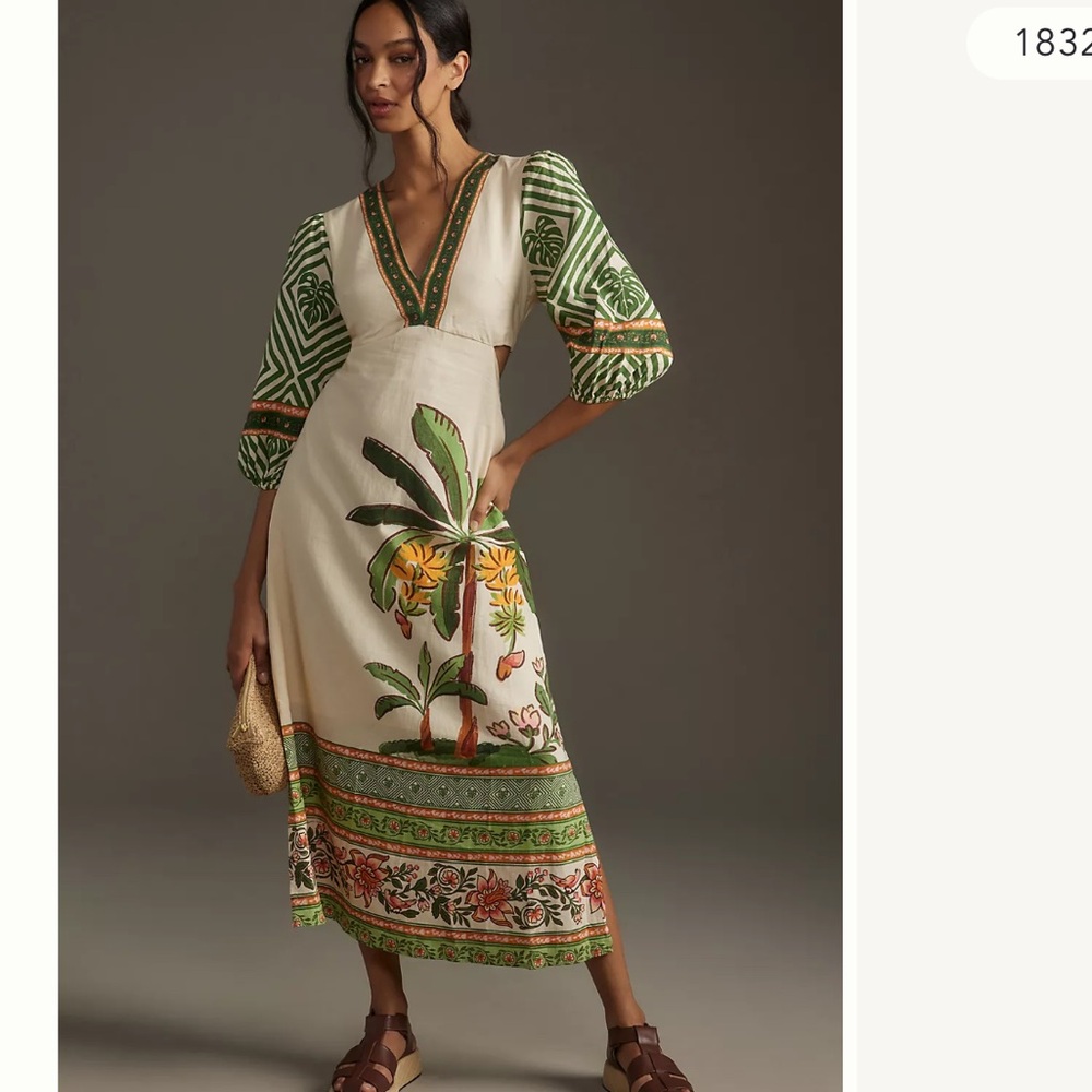 FARM Rio Cream Midi Dress with Green and Orange Botanical Print